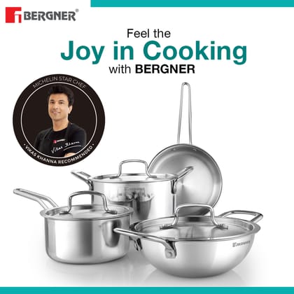 Bergner TriPro TriPly Stainless Steel 7 Pcs Cookware Set - 20cm Deep Kadai (1.5 L), 20cm Sautepan (1.2 L), 16cm Saucepan (1.7 L), 20cm Casserole (3 L), 3  Stainless Steel Lids, Induction Bottom