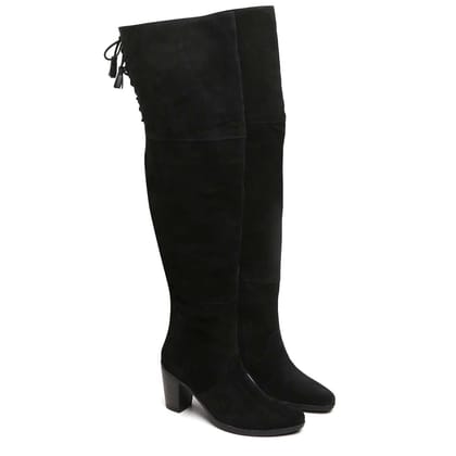 Black Suede Leather Top Lace Knee High Ladies Boots By Brune & Bareskin-39/6
