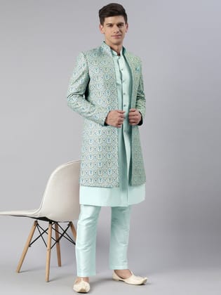Green Embroidered Printed Achkan-M/40 / Indo & Kurta PantPajama Set