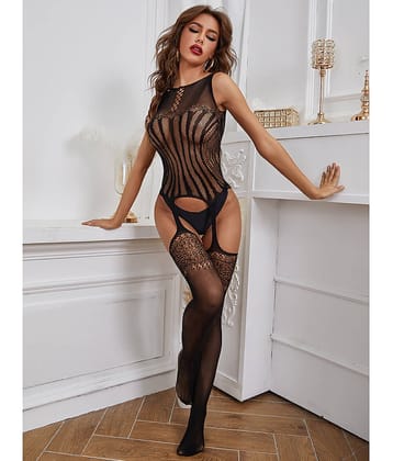 FIHA Womens Fishnet Bodystocking Crotchless Bodysuit Tights Soft Nightwear Lingerie