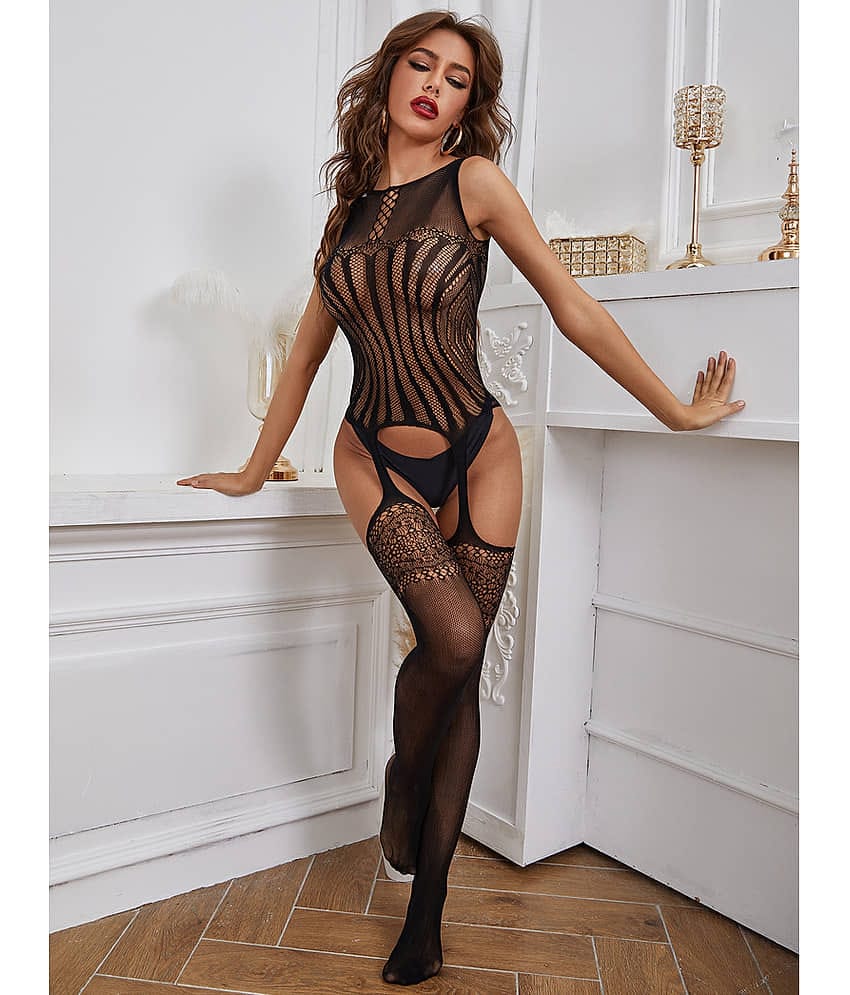 FIHA Womens Fishnet Bodystocking Crotchless Bodysuit Tights Soft Nightwear Lingerie
