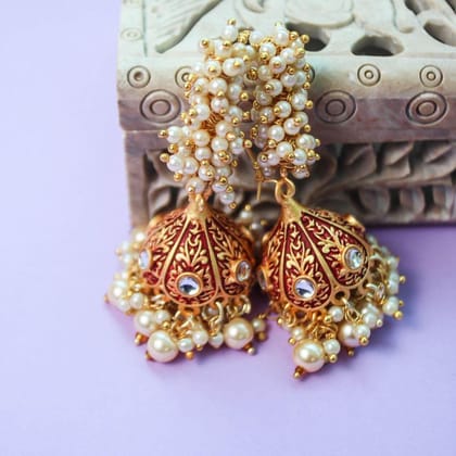 Gold-Plated Red Enamelled Dome Shaped Jhumkas