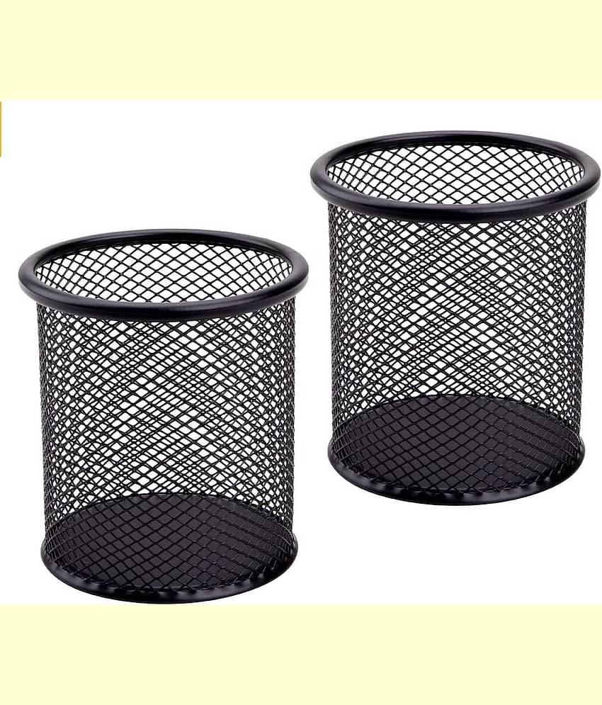 Pack Of 2 Black Single Round Mesh Metal Pen Pencil Holder Table Desk Organizer for Home Office Pen Stand For Office Table, Study Table Gift