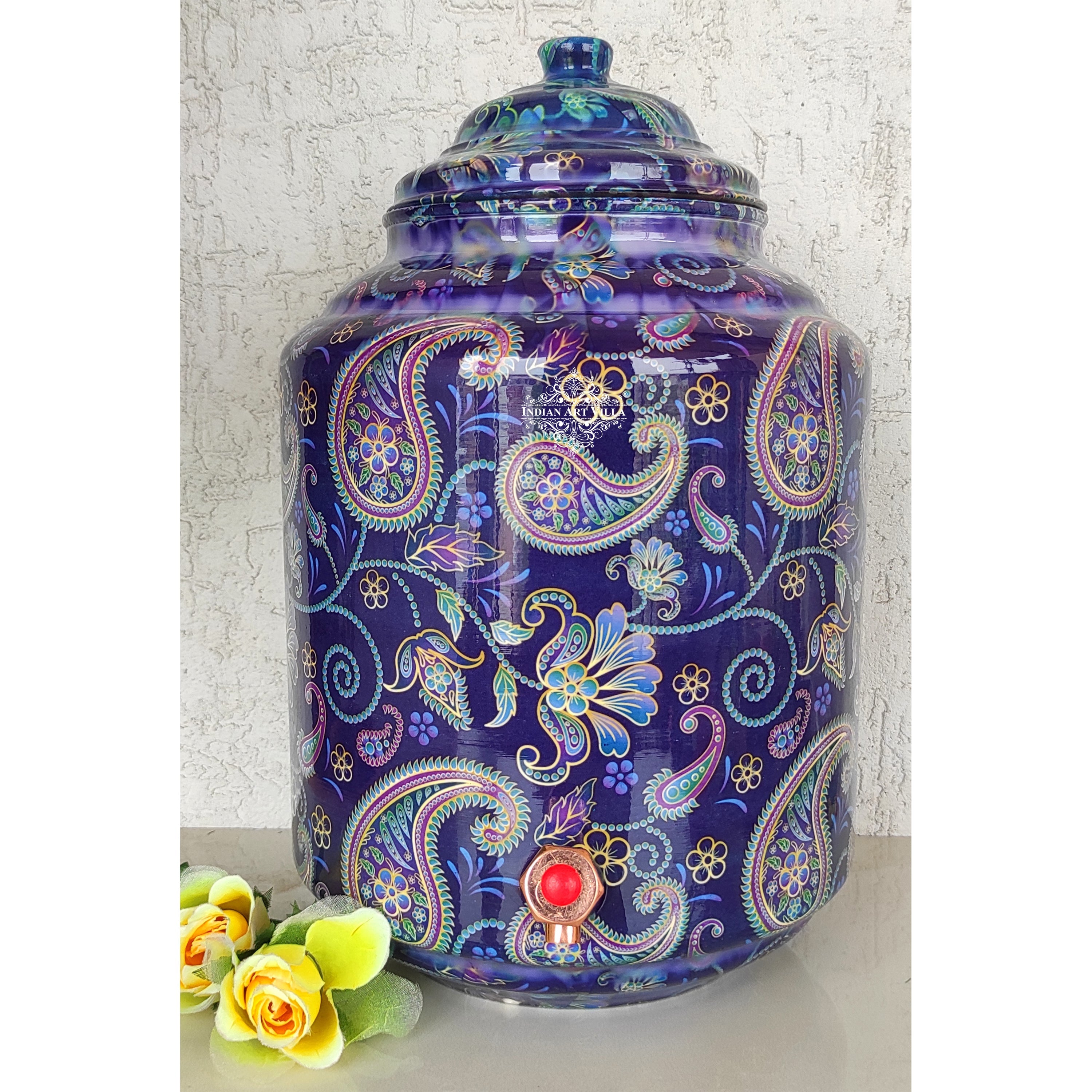 Copper Printed Water Pot With Indigo Paisley Print, Drinkware & Storage Purpose, Ayurvedic Health Benefits, Volume-13 Liters