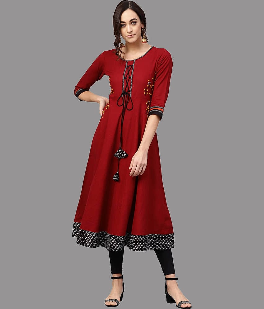 Yash Gallery - Maroon Cotton Women's Flared Kurti ( Pack of 1 )