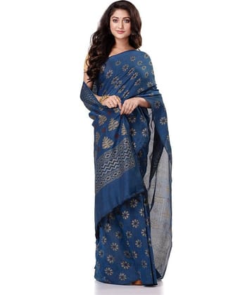Desh Bidesh Cotton Self Design Saree With Unstitched Blouse Piece ( Blue )