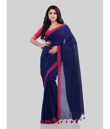 Desh Bidesh Cotton Solid Saree With Unstitched Blouse Piece ( Navy Blue )