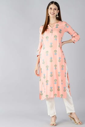 Women Peach Coloured & Blue Printed Straight Kurta VCK1666
