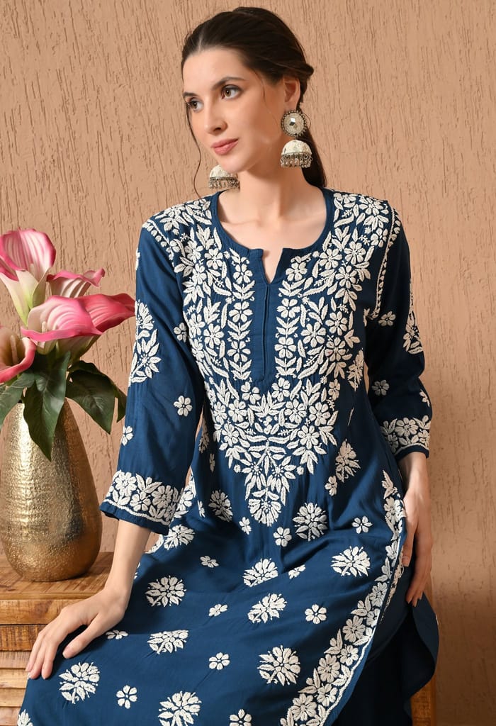 Hand Embroidered Chikankari Rayon Plazo Set - Teal