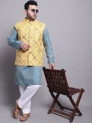 Men's Silk Blend PBlue Kurta & Yellow Printed Nehrujacket With White Pyjama-44