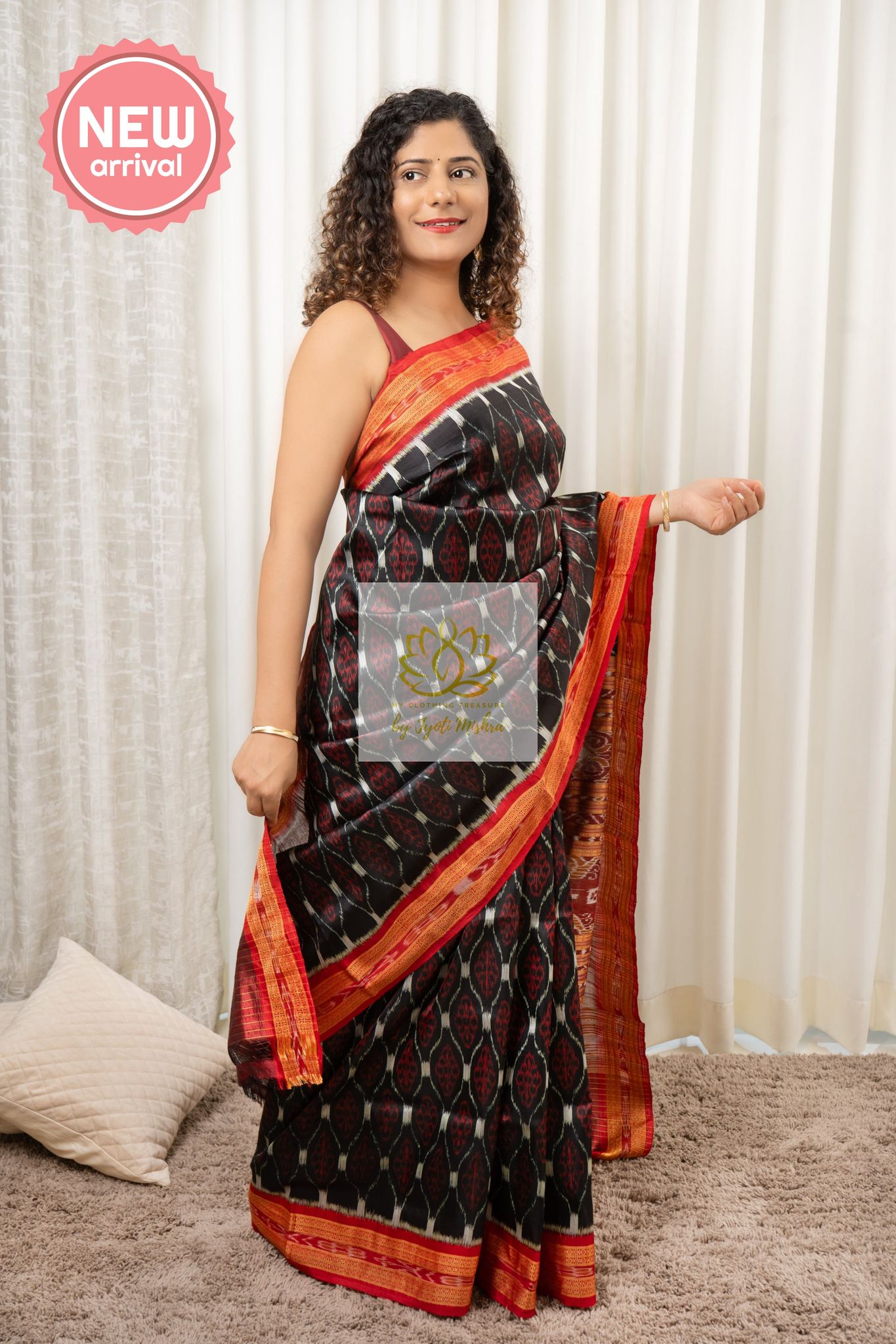 Odisha Handloom Single Ikkat Khandua Silk (Pata) Saree - Black-Red