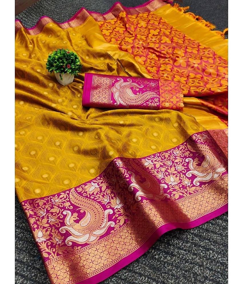 A TO Z CART Silk Blend Embellished Saree With Unstitched Blouse Piece ( Mustard )