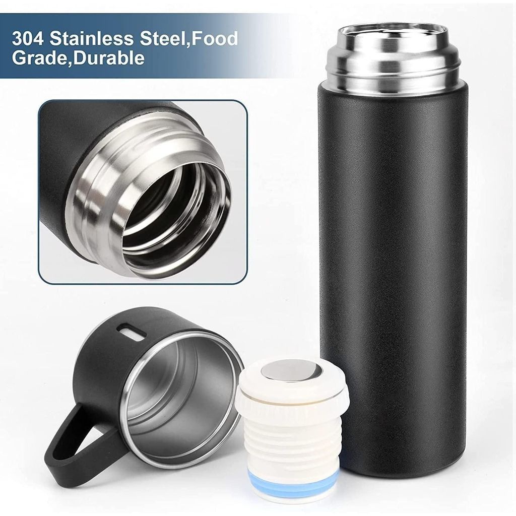 Double Wall Stainless Steel Thermo Vacuum Insulated Bottle Water Flask Gift Set with Two Cups Hot & Cold (Assorted Color)