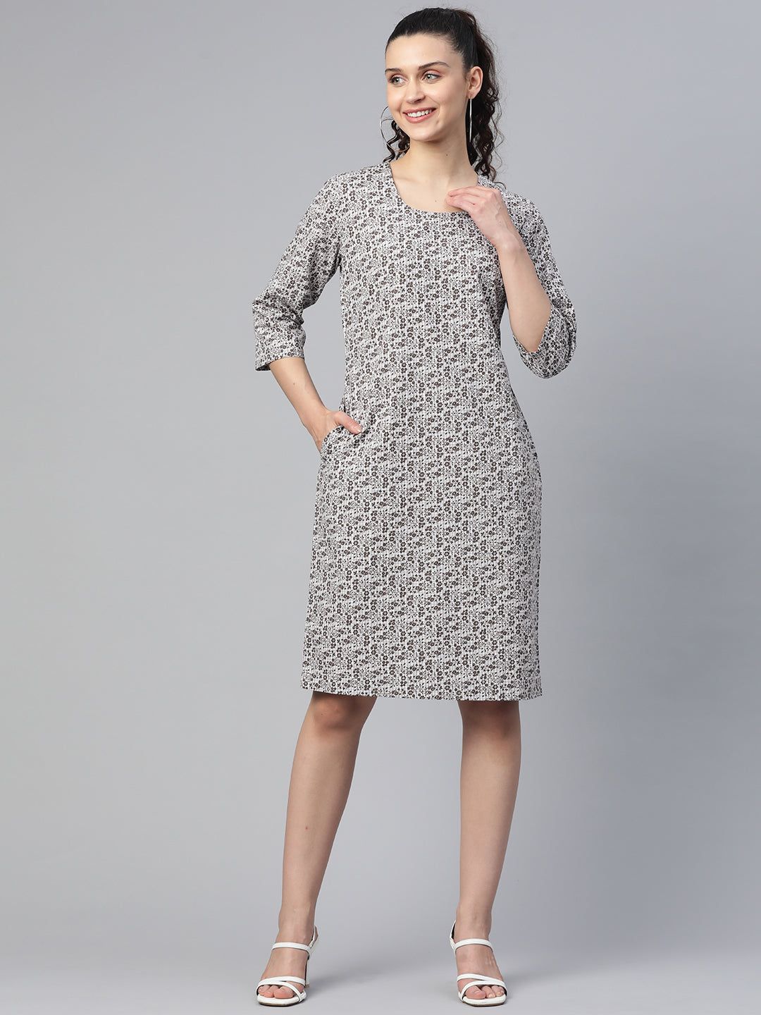 Cotton Floral Print Dress - Brown-S