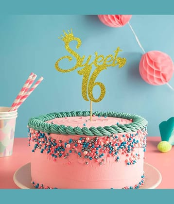 Sweet 16 Cake Toppers, Glitter Gold Cake Topper 16th Birthday Decorations for Girls,5.5x5.5 inch