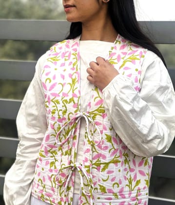 Pink Floral Printed Quilted Jacket-XXS / Pink