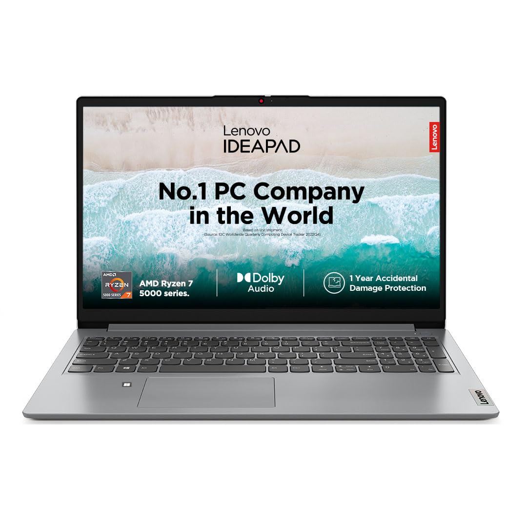 Lenovo IdeaPad Slim 1 AMD Ryzen 7 5700U 15.6" HD Thin and Light Laptop (16GB/512GB SSD/Windows 11 Home/MS Office 2021/1 Year Warranty + 1 Year ADP/Cloud Grey/1.6Kg), 82R400EFIN
