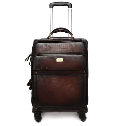 Croco Dark Brown Quad Wheel Cabin Luggage Leather Bag By Brune & bareskin-FS