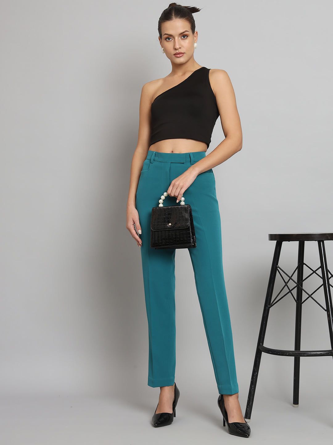 Regular Fit Mid Waist Trouser- Teal Green-XS