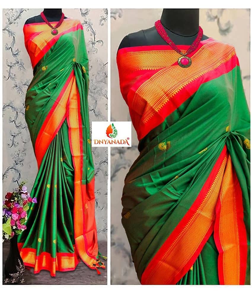 Mysstre Cotton Silk Woven Saree With Unstitched Blouse Piece ( Green )
