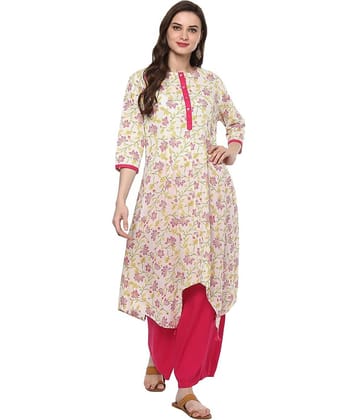 Pannkh Pack of 1 Cotton Printed Asymmetrical Women's Kurti - ( White )