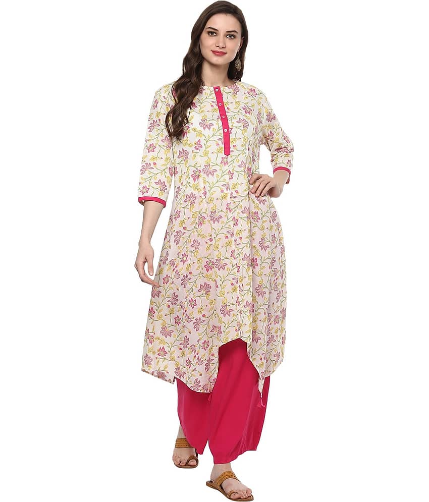 Pannkh Pack of 1 Cotton Printed Asymmetrical Women's Kurti - ( White )