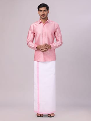 Mens Light Pink Dupion Satin Shirt with Matching Border Dhoti Combo Gora-36 / F/S / Light Pink