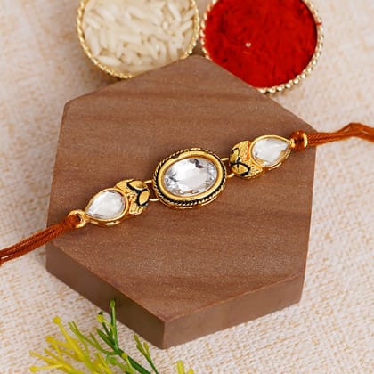 White Designer Kundan Stone Rakhi and Roli Chawal Pack