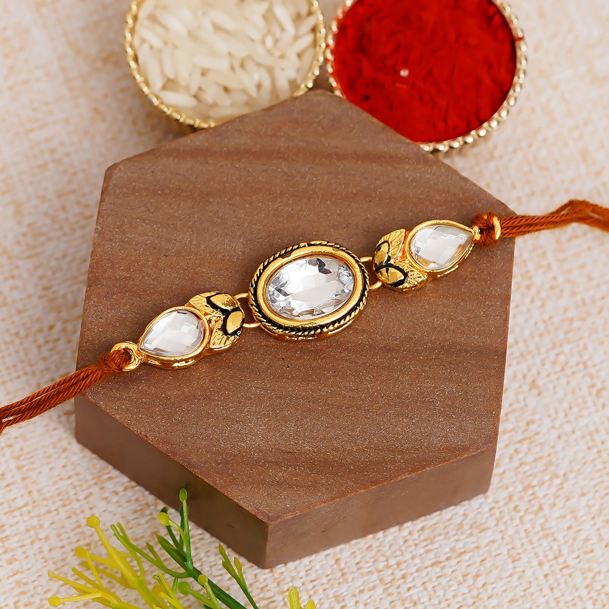 White Designer Kundan Stone Rakhi and Roli Chawal Pack