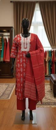 Elegant Red Roman Silk Suit Set with Zari and Mirror Work