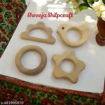 Shreeja Shilpcraft Natural Neem Wooden Baby Teether  Safe, Eco-Friendly, and Non-Toxic Teething Toy for Babies Pack of 4( Cloud,Bird & Small Ring,Star)