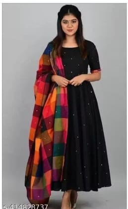 Elegant Black gown with pearl work along with stylish multicolored dupatta