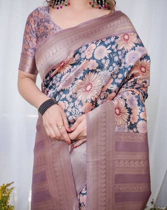 Lilac Banarasi Silk Saree with Pastel Floral Digital Print, Zari Border & Tassel Pallu-Regular
