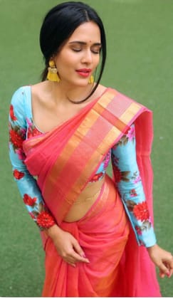 Beautiful Pink Flower Printed Soft Silk Sari - J-147