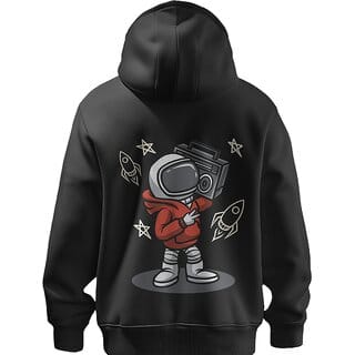 BULL CLOTHING Stylish Retro Astronaut Graphic Black Hoodie Featuring Cool Boombox Design 
