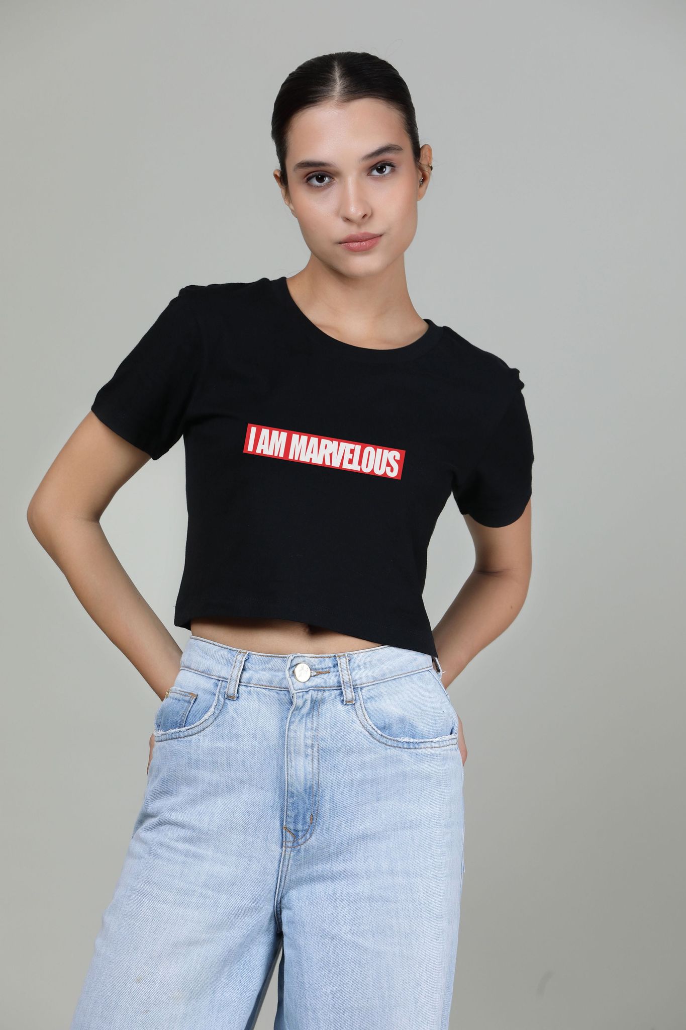 I am Marvelous - Printed Crop Top-XS / Black