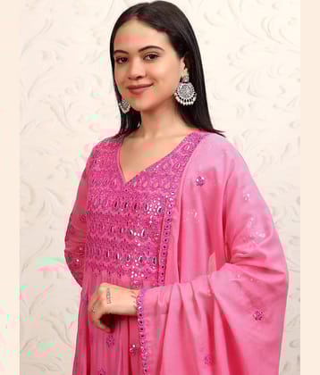 Vishudh Women Cotton Self Design Anarkali Kurti With Pants ( Pink )