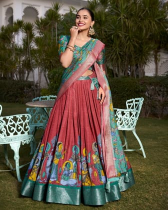 Elegant Green & Rust Kalamkari Print Dola Silk Lehenga Set-Free Size