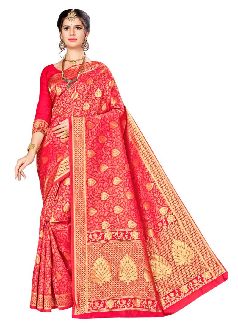 Generic Women's Banarasi Silk Saree with Blouse (Red, 5-6 Mtr)