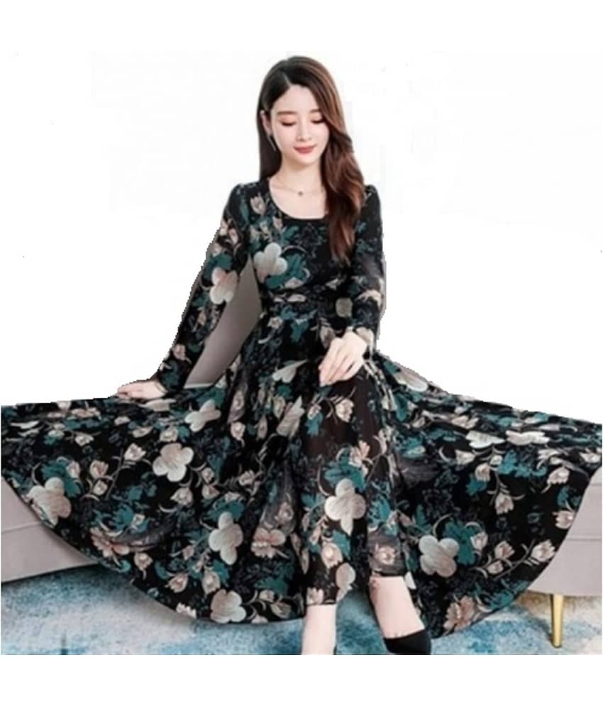 RAABTA FASHIION Women Crepe Printed Fit & Flare Dress ( Maroon )