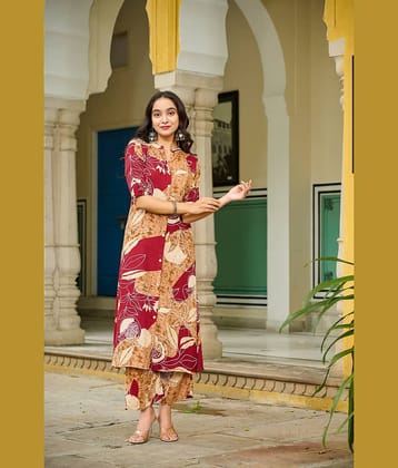 YAGNIK FASHION Women Rayon Printed A-line Kurti With Palazzo ( Maroon )