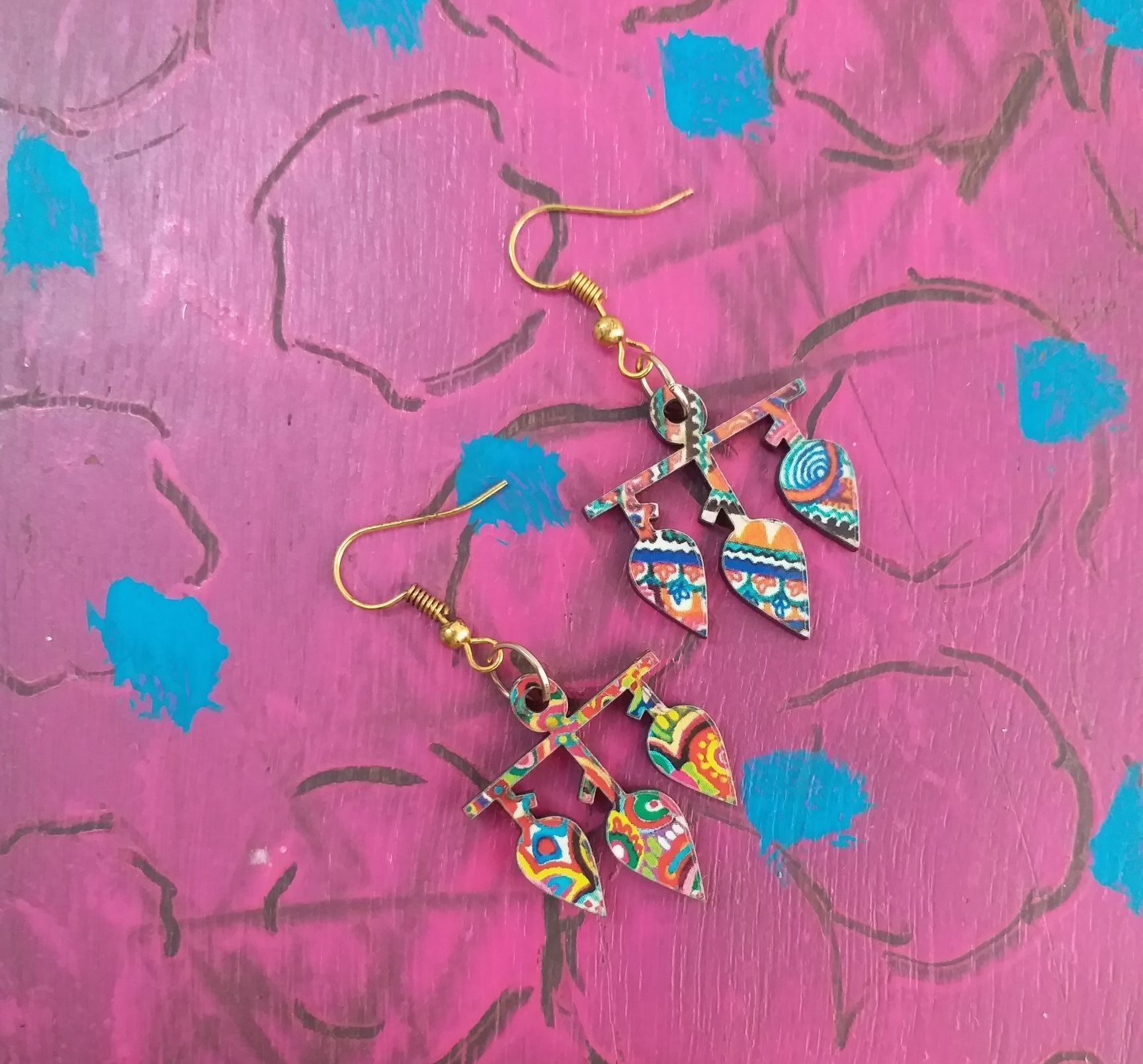 Artwork Wooden Earrings - three drops in assorted Artworks