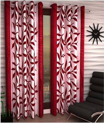 Phyto Home Printed Semi-Transparent Eyelet Door Curtain 7 ft Pack of 2 -Red