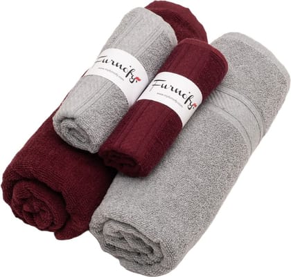 Furnofy Cotton 450 GSM Bath, Hand Towel Set Maroon, Grey (Pack Of 4)