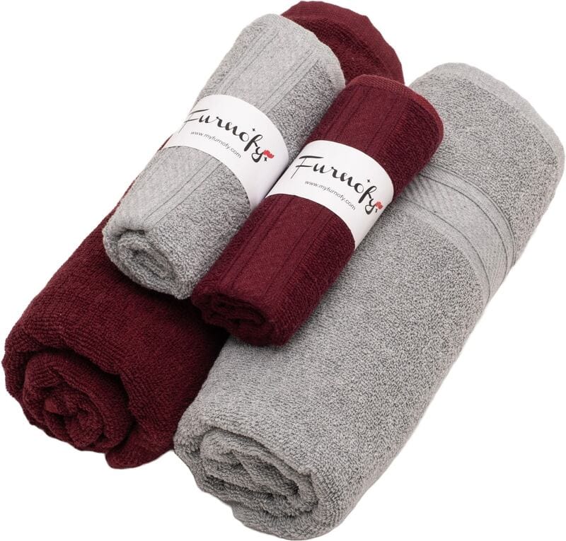 Furnofy Cotton 450 GSM Bath, Hand Towel Set Maroon, Grey (Pack Of 4)