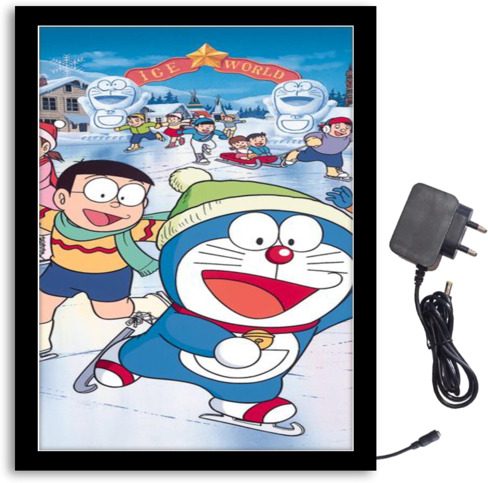 NOKKES Doraemon Snow with nobita Light Photo Frame 8X10 inch Led Light photo Frame With Light Adaptor Led Light Photo Frame Black Color Photo Frame_AQW203