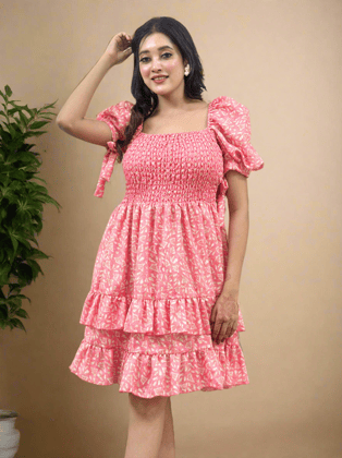 Stylish Pink Cotton Short Dress-L