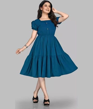 Femvy Women Polyester Solid Fit & Flare Dress ( Teal )