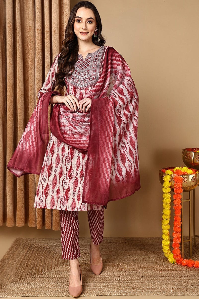 Maroon Pure Cotton Printed Ethnic Motifs Yoke Design Suit Set VKSKD2043