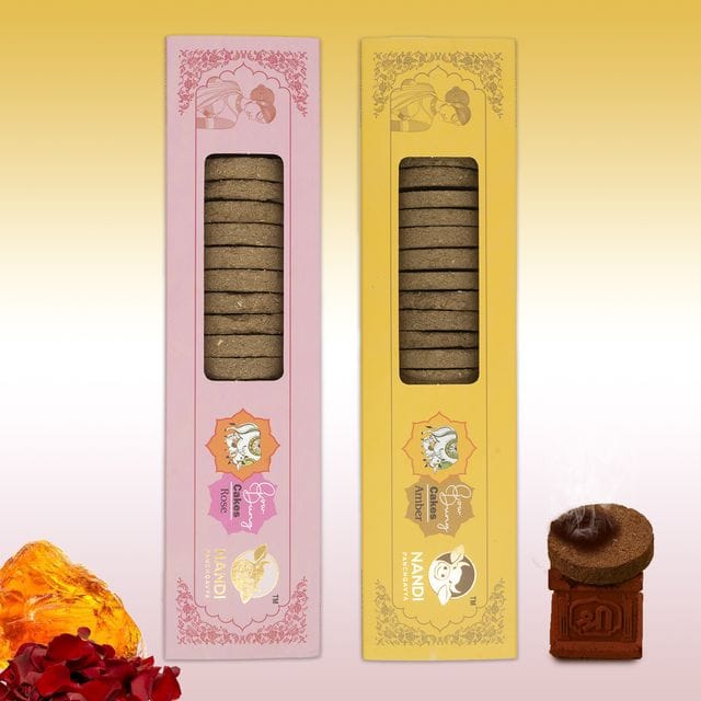 Nandi Panchgavya 100 Percent Desi Cow Dung Cake (42 Pcs) Plus 1 Tulsi Stand Rose & Amber Fragrance